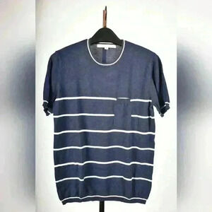 PARKE & RONEN Navy  Blue Fontalina Striped Ribbed Knit Cotton Sweater Tee Medium